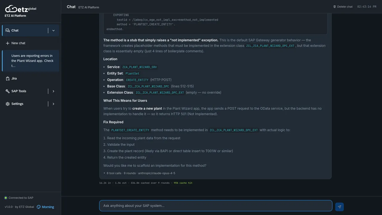ETZ AI Platform chat UI diagnosing a failing SAP Gateway service: the AI pinpoints an unimplemented CREATE_ENTITY method, shows the source extract, and proposes the fix