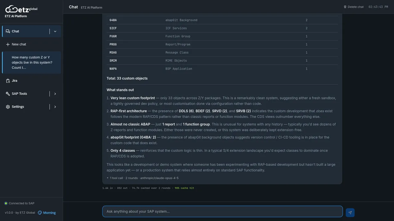 ETZ AI Platform answering a business question from live SAP data, with aggregations run inside the SAP system and results presented in plain language