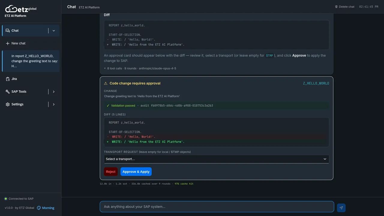 ETZ AI Platform approval card for a proposed ABAP change: validation passed, a reviewable diff, transport request selection, and explicit Approve and Reject buttons