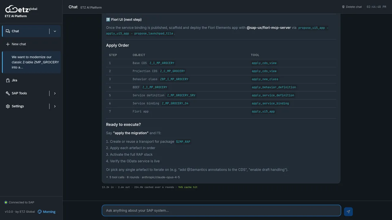 ETZ AI Platform scaffolding a classic Z object into a RAP application: generated CDS and behaviour artefacts with a live OData service and Fiori Elements app