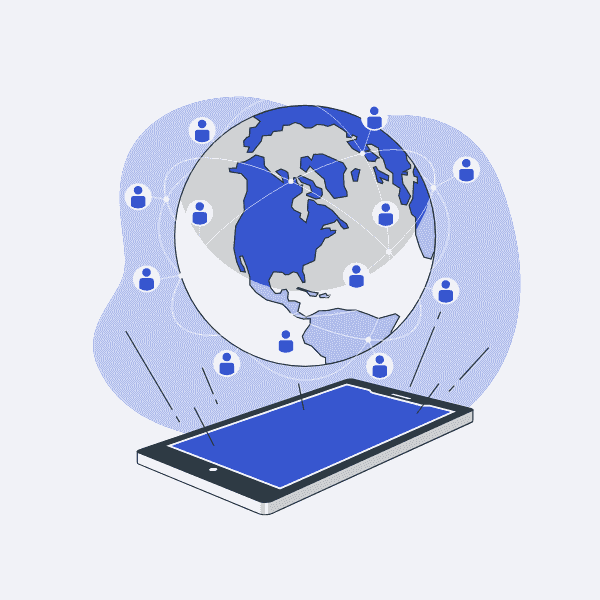 Smartphone connecting to a network of user icons around the globe